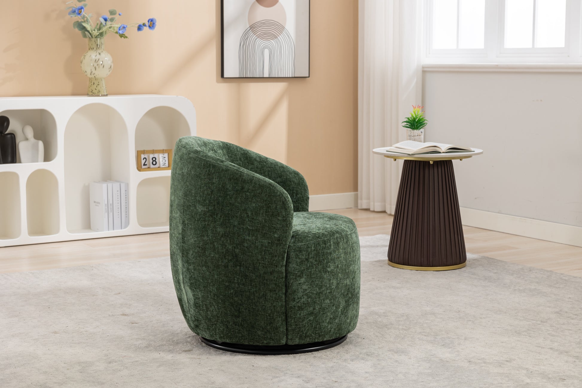 037-Chenille Fabric Swivel Accent Armchair Barrel Chair With Black Powder Coating Metal Ring,Green