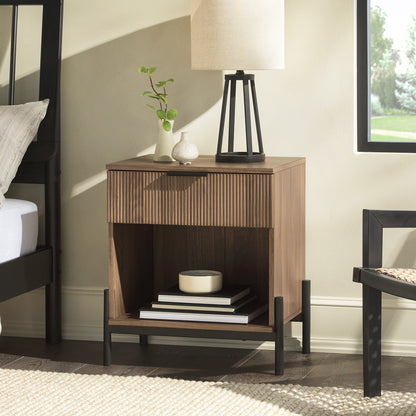 Modern Fluted-Drawer Nightstand with Open Cubby – Mocha, Bedside Table