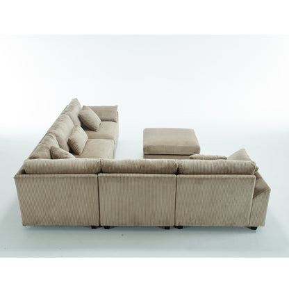 Oversized Modular Sectional Sofa Set, Corduroy Upholstered Deep Seat Comfy Sofa for Living Room, 6 Seat, Brown