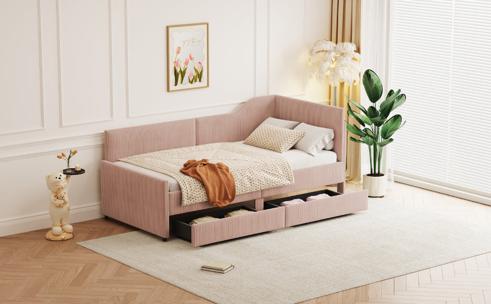 Twin Size L-Shaped Corduroy Daybed,Upholstered Bed Frame with 2 Storage Drawers,Pink