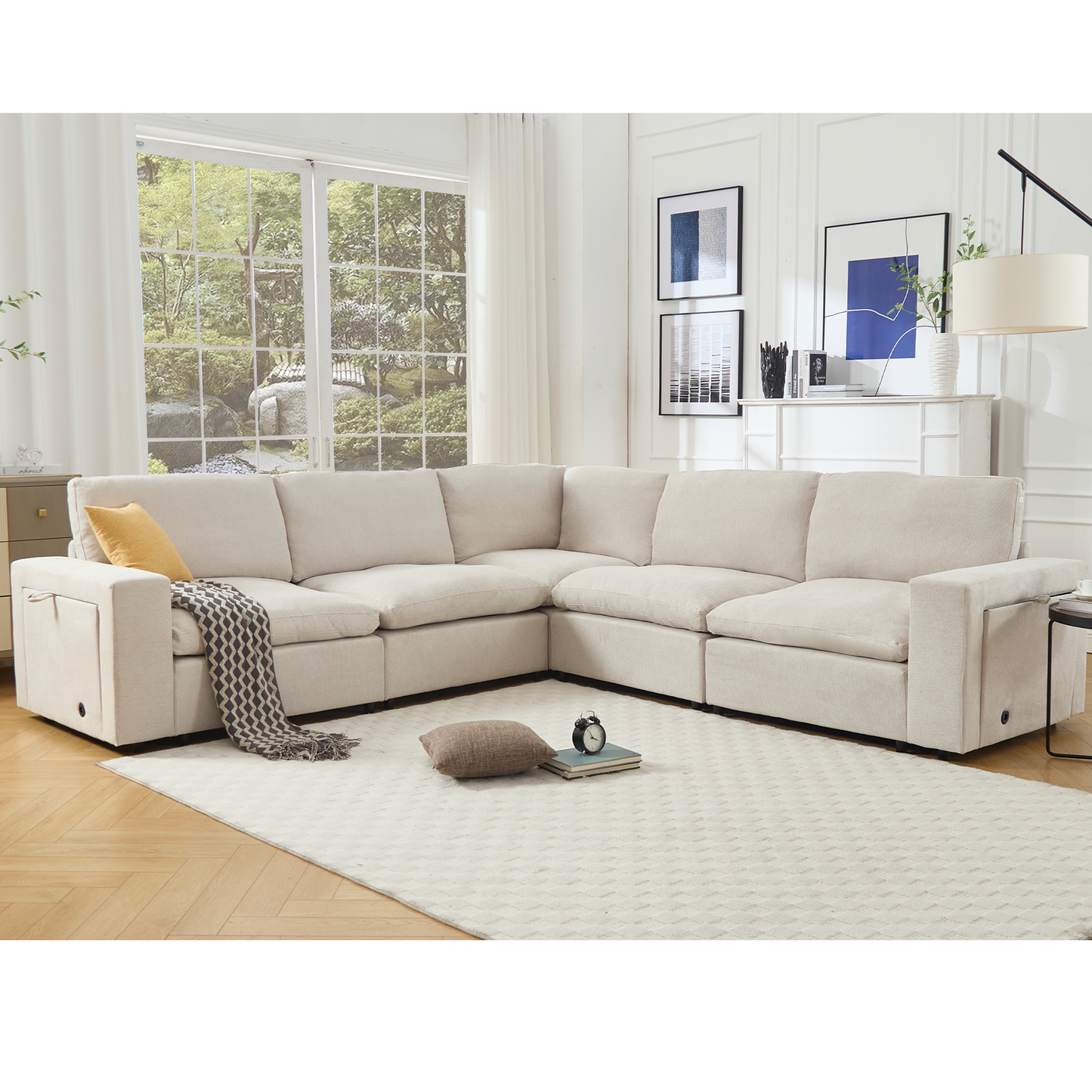 [NEW ARRIVED] [VIDEO PROVIDED]Sectional Couches For Living Room,Modular Couch,Wireless Charging Port & Cup Holders,5-seat ,DIY Combination,L-shaped Sofa,Book Storage Space,Soft Linen Fabric,Beige