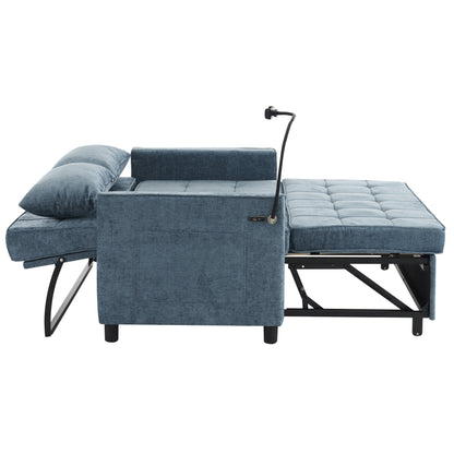 56.9" Loveseat Sofa Pull-out Sofa Bed Sleeper Sofa with a Reversible Backrest Cushion, Side Pockets, Two USB Ports and a Phone Holder for Living Room, Blue