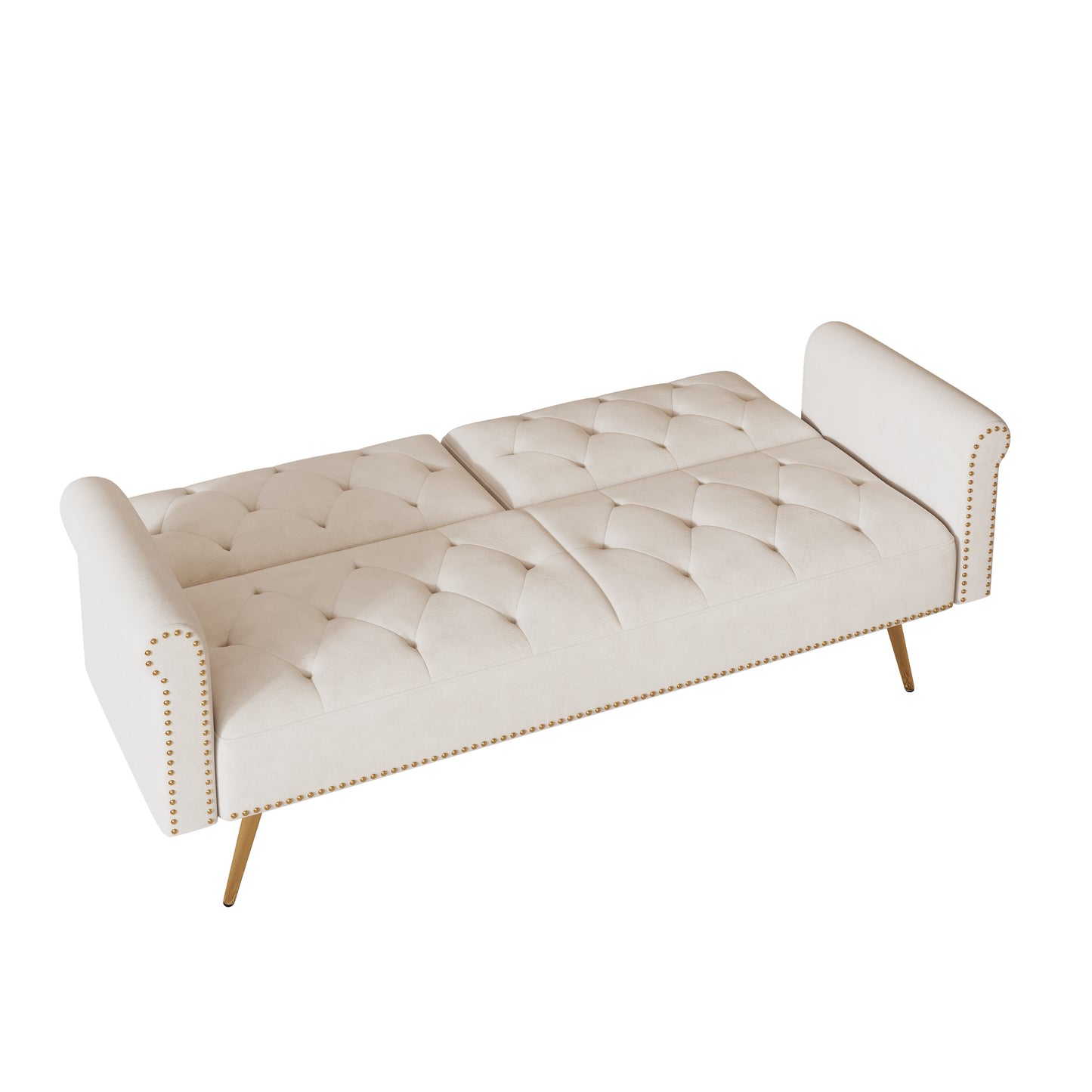 69.7 inch beige velvet nail head sofa bed with throw pillow