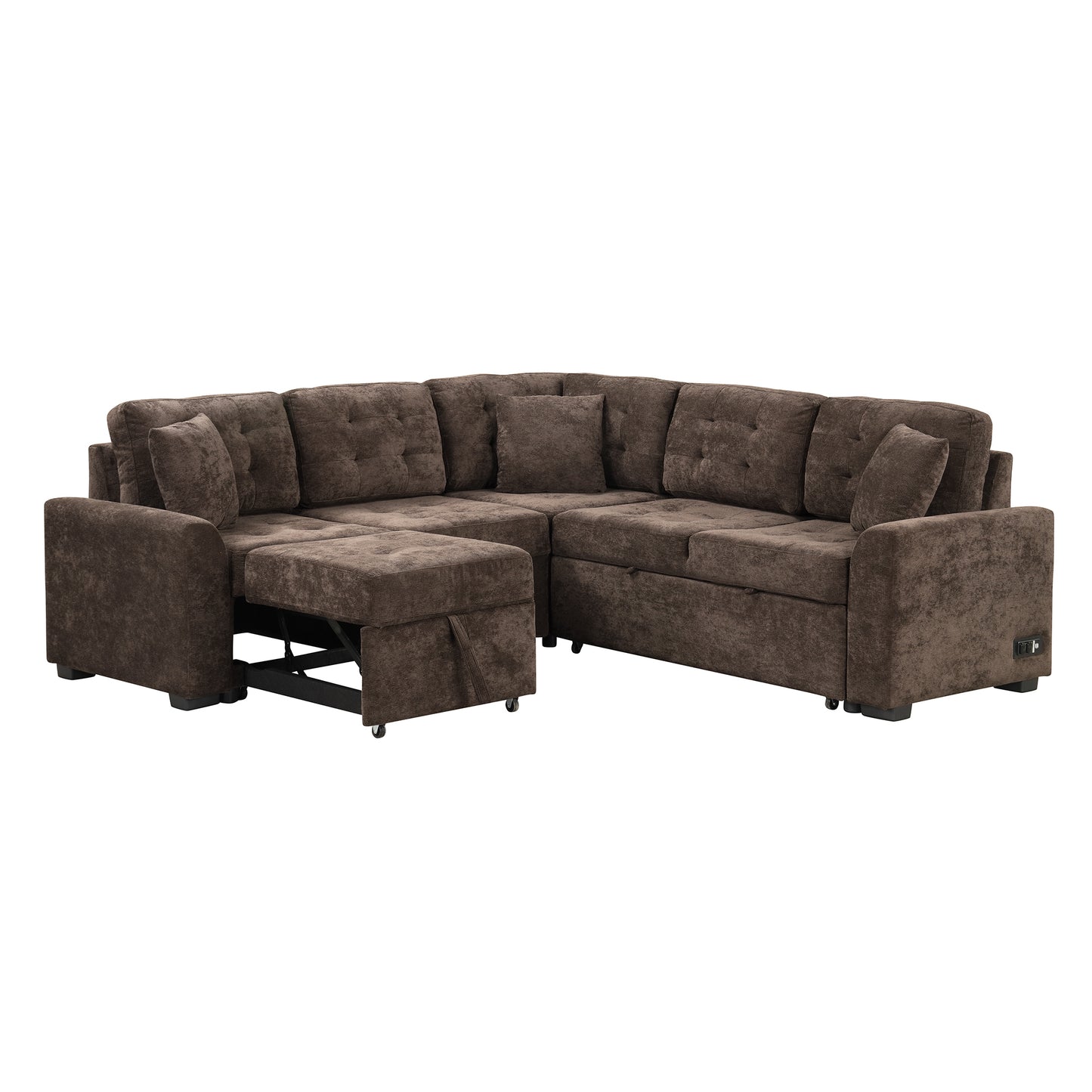 82.6" L-shape Sofa Bed Pull-out Sleeper Sofa with Wheels, USB Ports, Power Sockets for Living Room, Brown