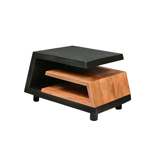 33 Inch Handcrafted Coffee Table, Geometric Dark Walnut and Natural Mango Wood Frame, Block Legs - Groovy Boardz