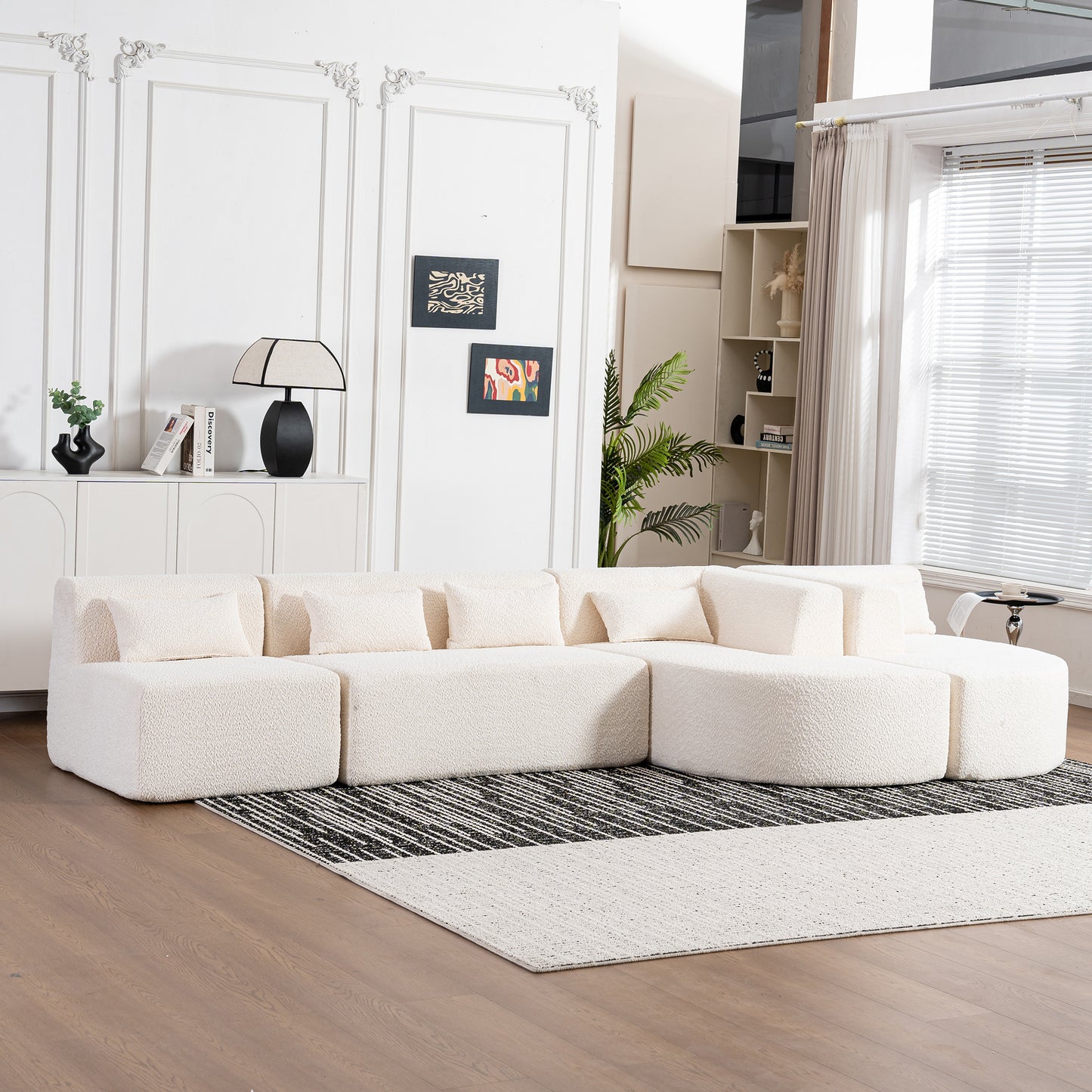 143.7" Upholstered Sofa Free-combined Sofa Couch with Two Chaise Lounge and Five Back Pillows for Living Room, Beige