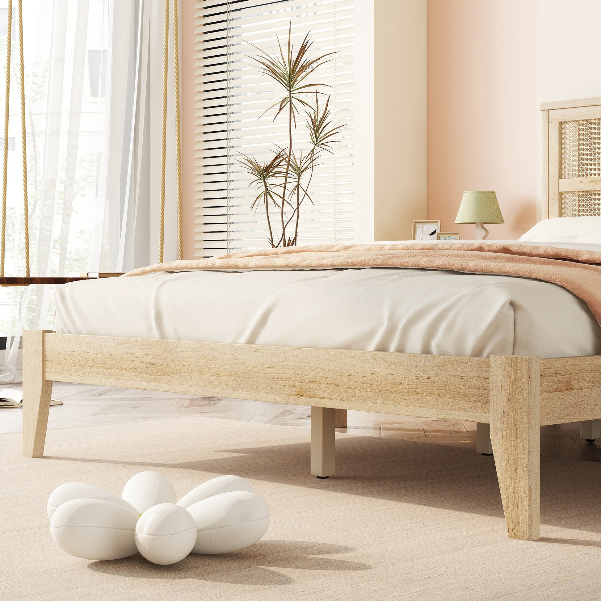 Queen Size Rubber Wooden, Solid Wooden Bed with Rattan Headboard, Enhanced by Support Feet