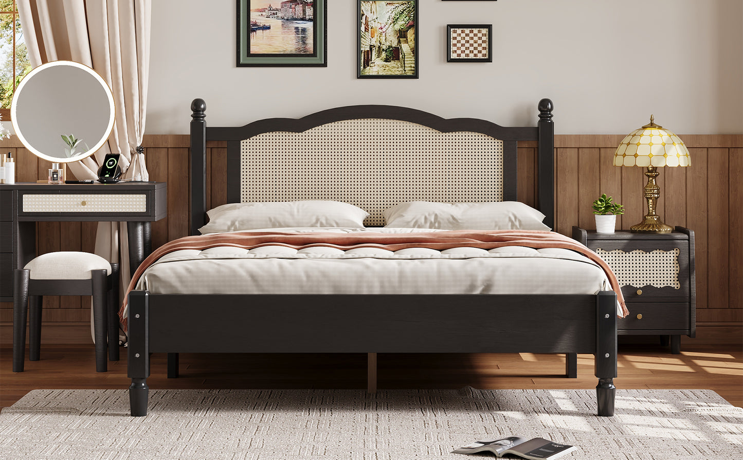 Queen Size Wooden Platform Bed with Natural Rattan Headboard, Vintage Bed Frame with Wooden Slat Support, Black