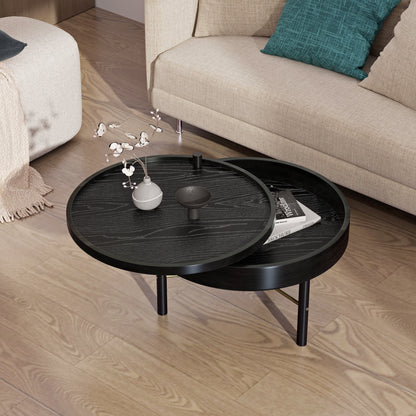 Modern Round Wood Rotating Tray Coffee Table with Storage & Metal Legs in Black