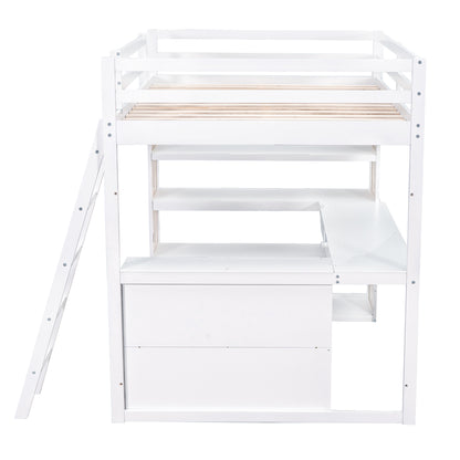 Full Size Loft Bed with Ladder, Shelves, and Desk, White(OLD SKU:LT000226AAK)