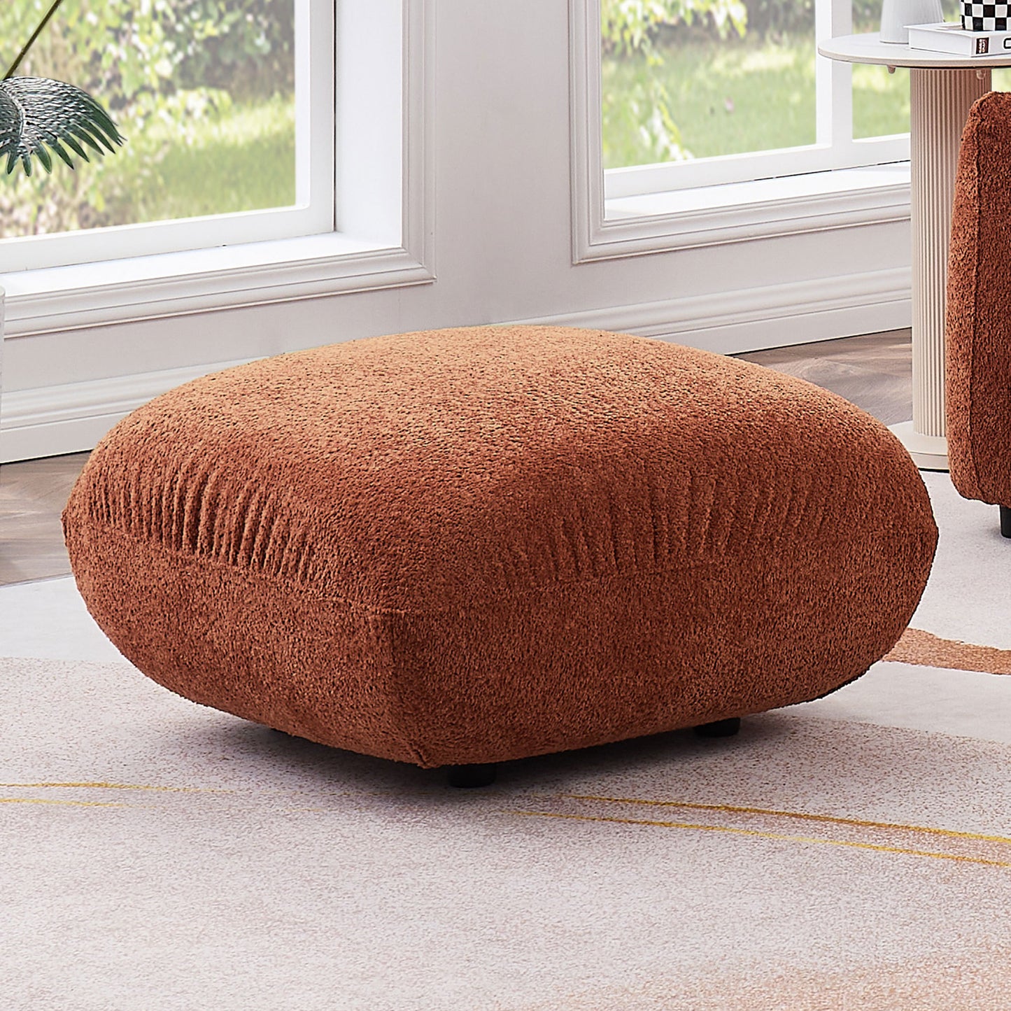 Modern Round  Footrest Stool Ottoman Foot Stool for Living Room, Bedroom, boucle Orange.