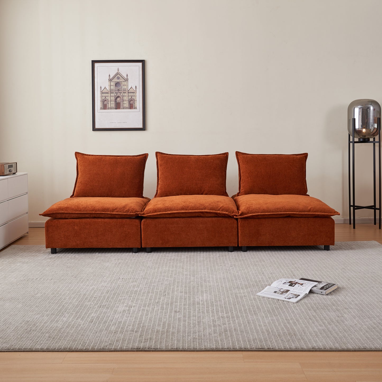 Mid-Century Modern 3-Seater Sofa Couch for Living Room - Modular Sectional Armless Sofa, Ultra-Soft Chenille Fabric, Sturdy Frame, Comfortable and Stylish Furniture