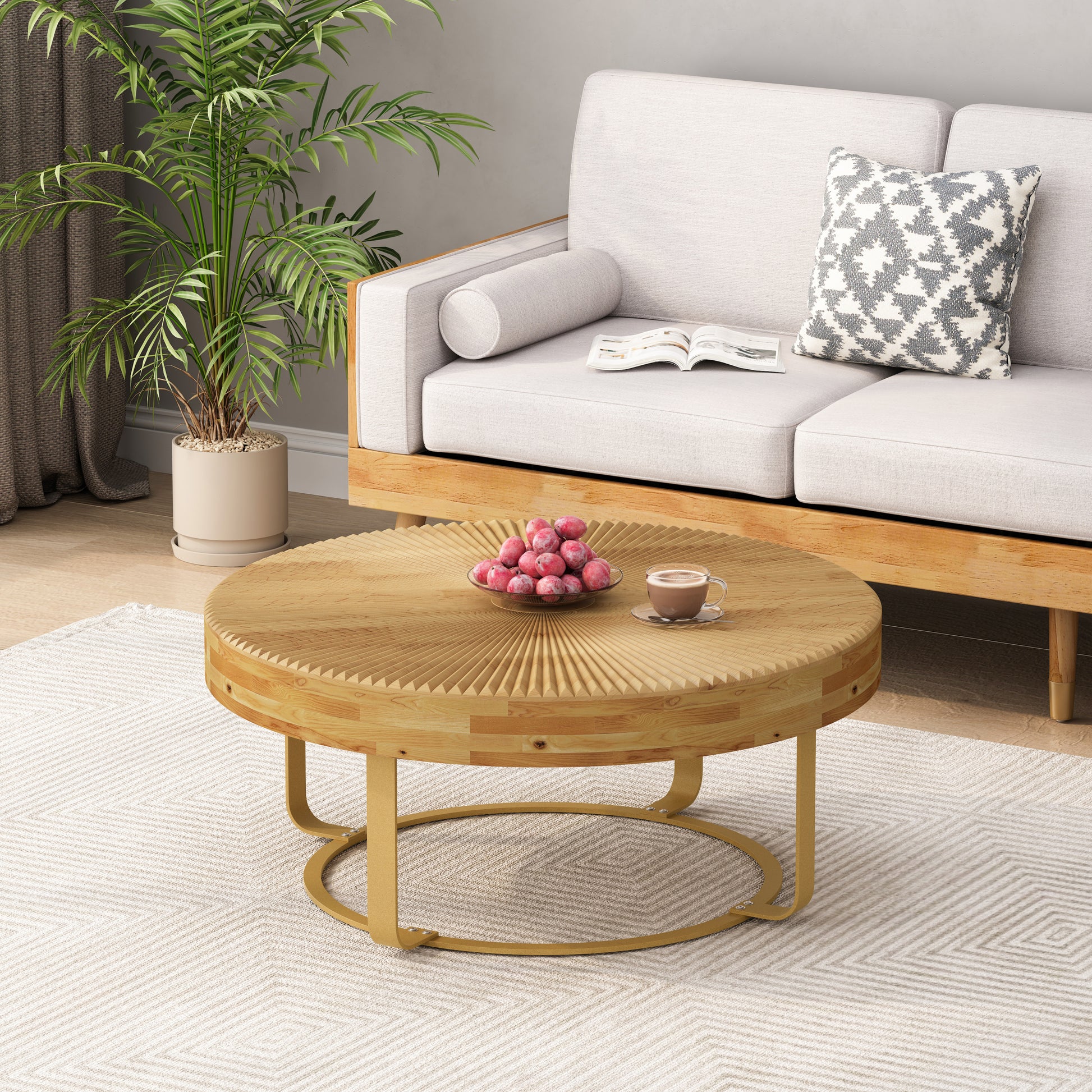 Modern round coffee table Wooden carving pattern coffee table with metal legs for living room reception room office Golden