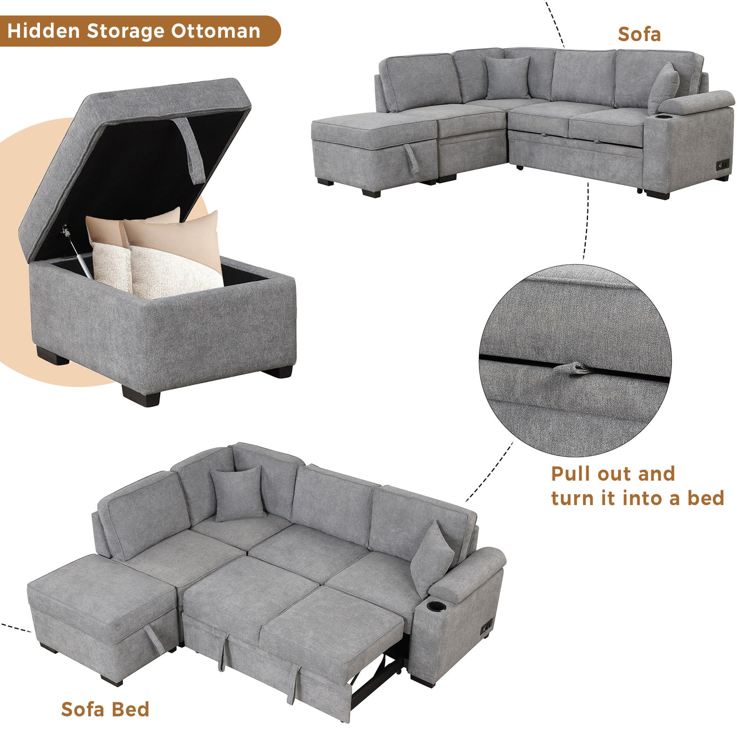 84.75" Sleeper Sofa Bed,2 in 1 Pull Out sofa bed L Shape Couch with Storage Ottoman for Living Room,Bedroom Couch and Small Apartment, Gray