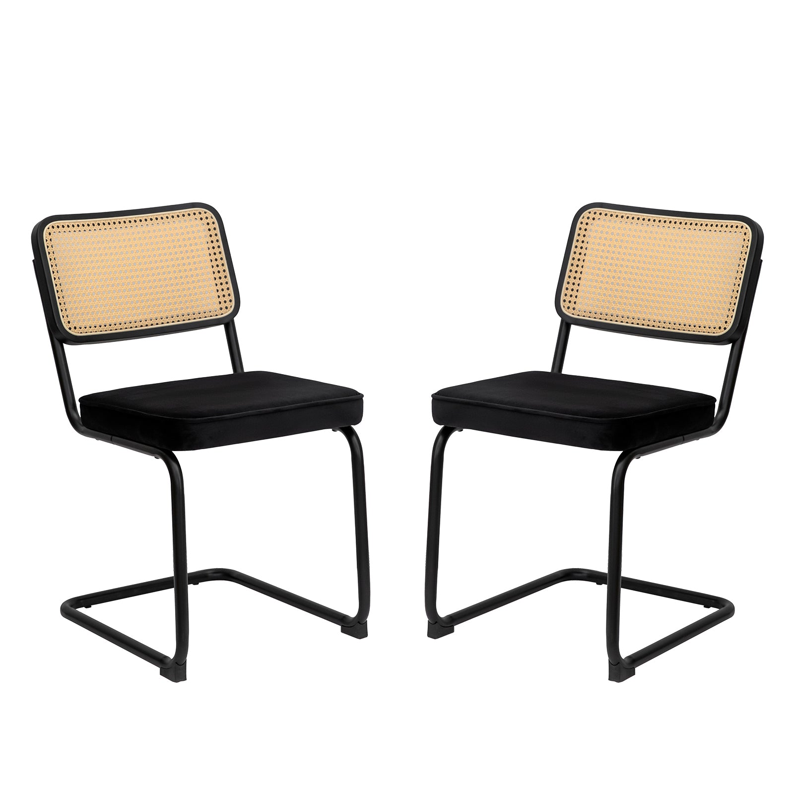 Dining Chairs Set of 2, Velvet Rattan Side Accent Chairs with Black Painted Legs, Modern Mid Century Breuer Designed Chairs, Upholstered Dining Living Room Kitchen Chairs