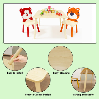 Kids Table and 2 Chairs Set, 3 Pieces Toddler Table and Chair Set, Wooden Activity Play Table Set (Bear&Tiger)