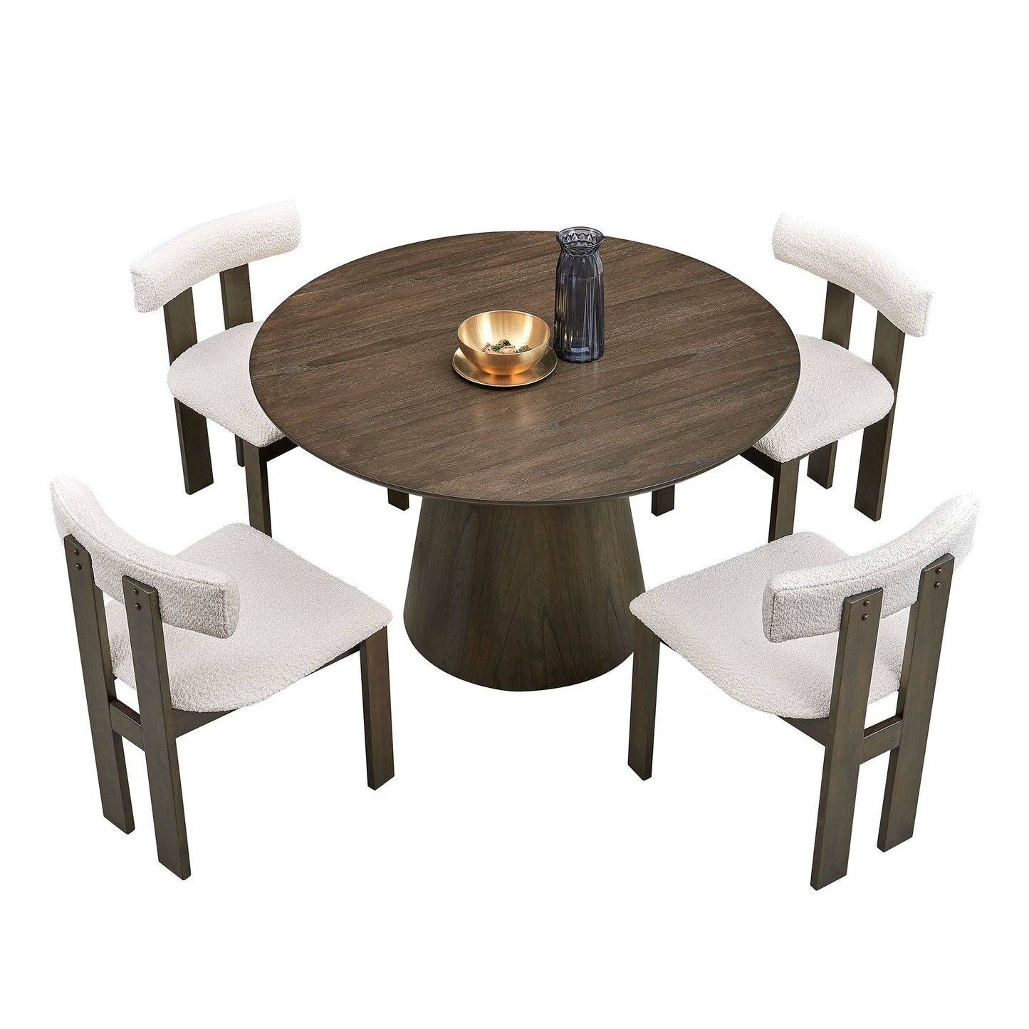 (1 Table with 4 Chairs)Wooden Dining Table Set, Modern Round MDF Kitchen Table and Boucle Upholstered Dining Chairs for Dining Room, Kitchen, Saving Space,Walnut