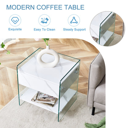 Bedside table with drawers. The board surface is MDF sticker, and both sides are transparent tempered glass. The design is simple and elegant, with excellent storage functions.