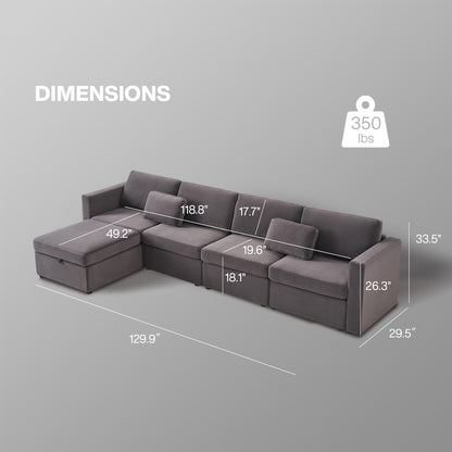 Modern Velvet Modular Sectional Sofa, L Shape Convertible Sofa Set with Pillows, Oversized Sectional Couches with Storage Ottomans for Living Room, Loft, Apartment, Office - Dark Gray 5 Seats