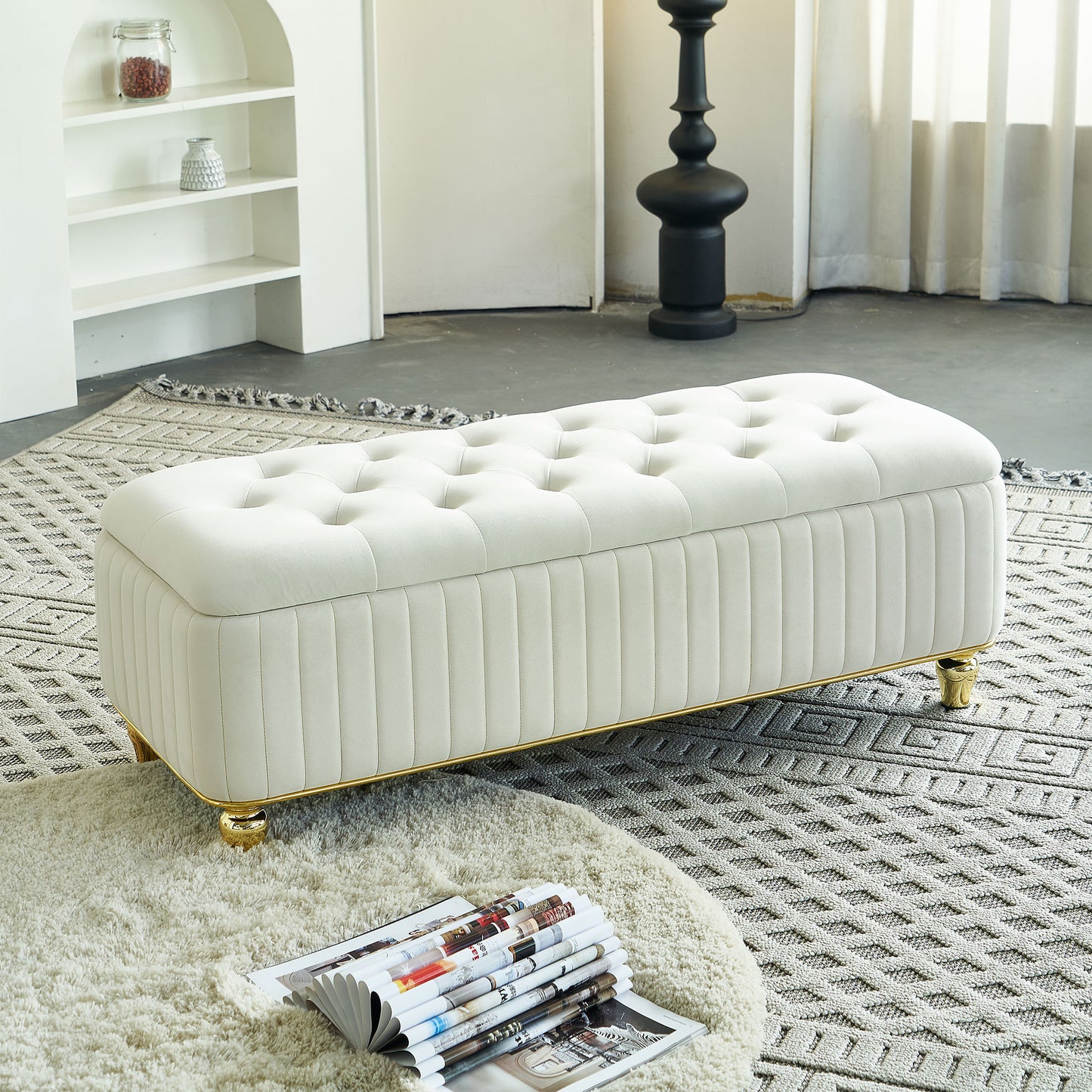 47.24''W Storage Ottoman,Upholstered Velvet Fabric Storage Ottoman with Safety Hinge, gold decoration strip and gold embroidery Footstool, Ottoman Bench for Living Room & Bedroom,Beige Color