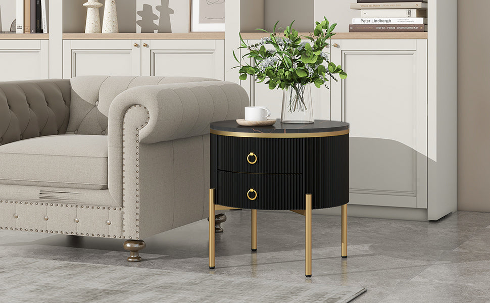 ON-TREND Φ19.6'' Easy Assembly Round End Table with Storage Drawers, Fluted Nightstand with High Gloss Faux Marble Tabletop, Modern Coffee Table with Metal Legs and Handles for Living Room, Black