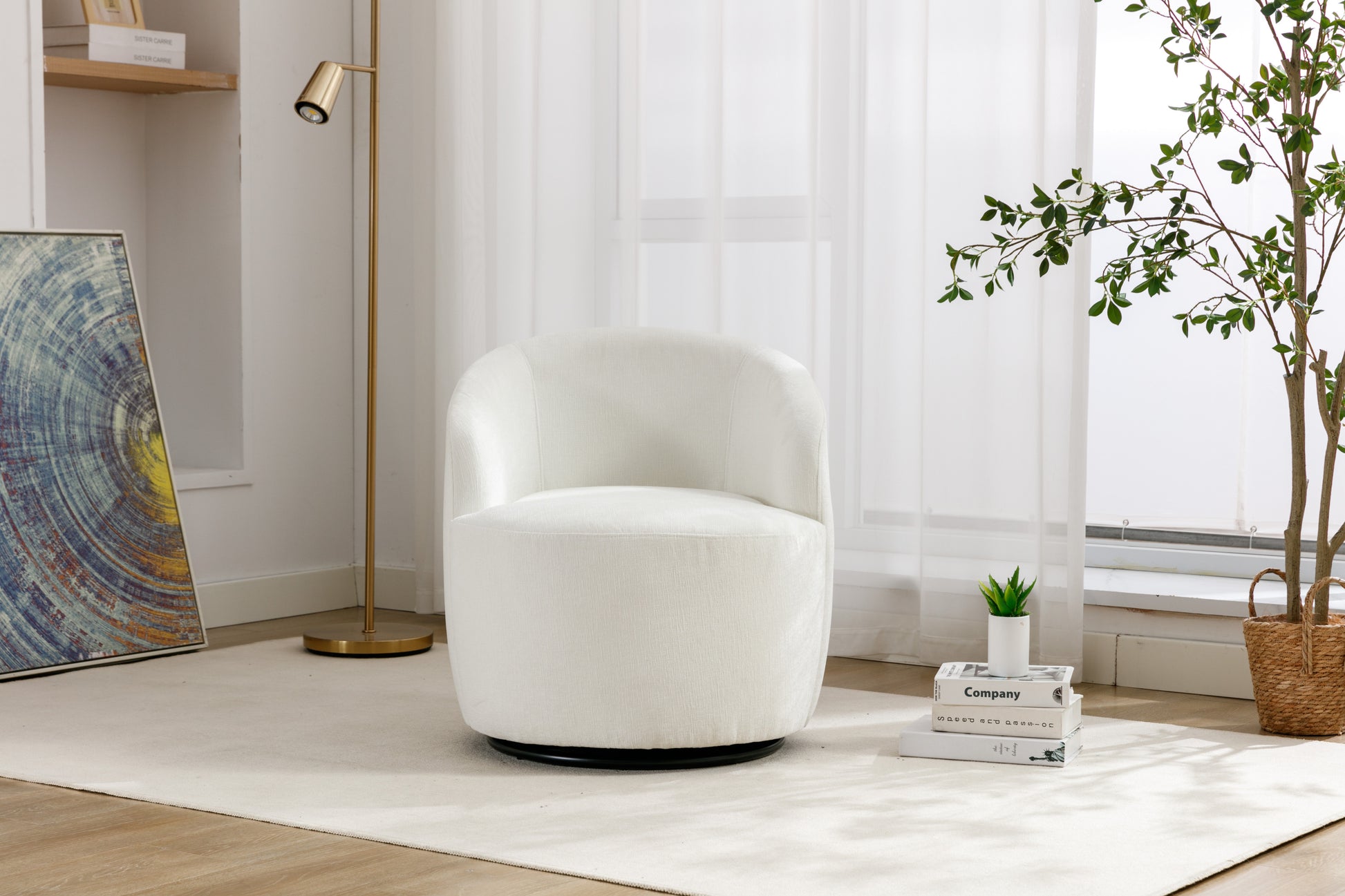 Chenille Fabric Swivel Accent Armchair Barrel Chair With Black Powder Coating Metal Ring,Ivory