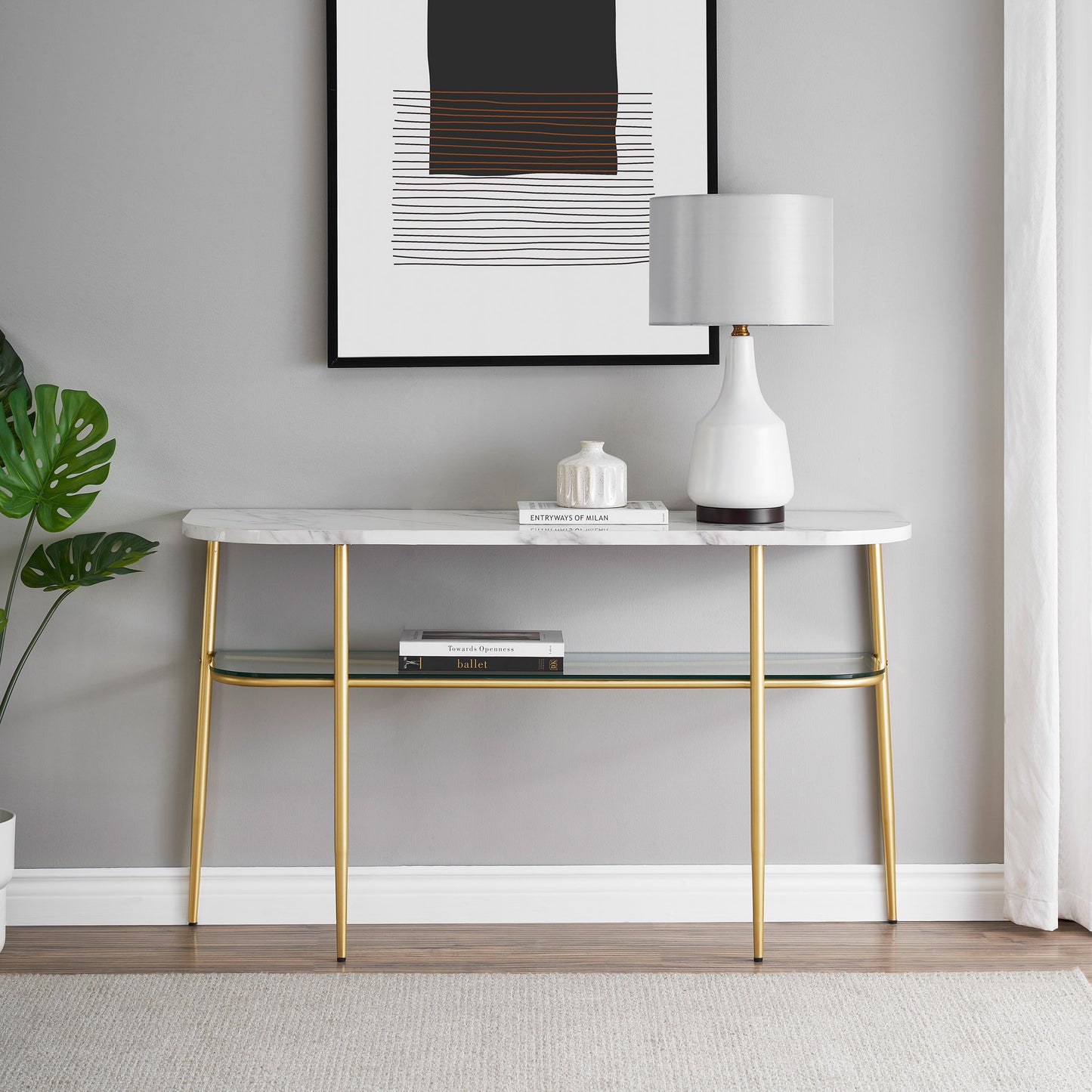 Modern Minimal Curved Faux Marble Entry Table – Grey Vein Cut Marble / Gold