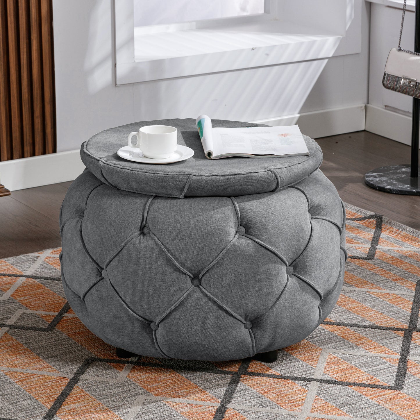 Large Button Tufted Woven Round Storage Ottoman  for Living Room & Bedroom,17.7"H Burlap Grey