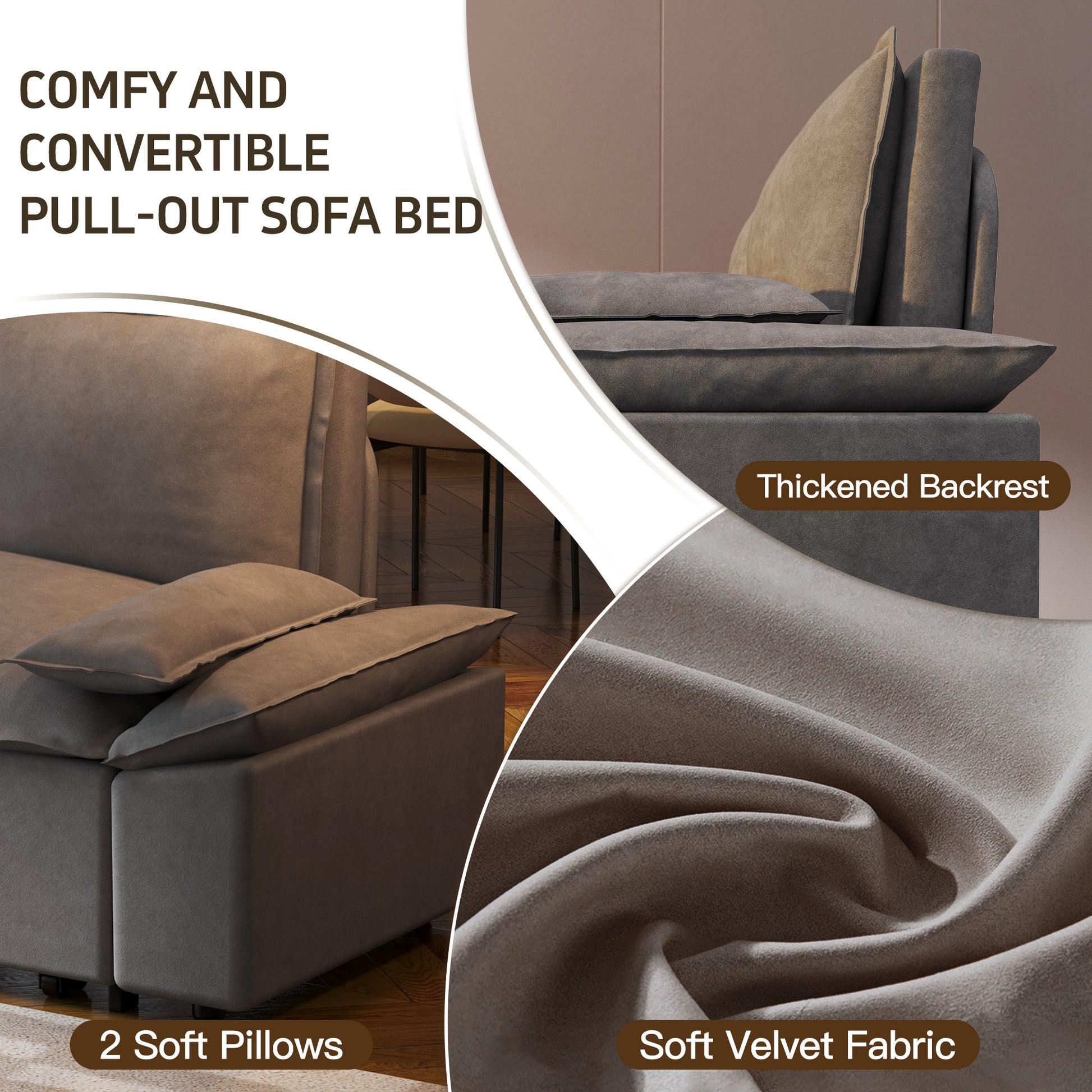 70.1" Queen Pull Out Sofa Bed, 3-in-1 Convertible Sleeper Sofa with 2 Soft Pillows,Multi-Functional Velvet Loveseat Bed,Grey (Old Sku:W1885P143788)