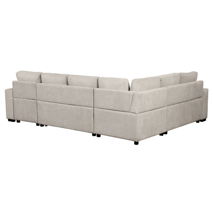 109" U-shaped Sectional Sofa Pull-out Sofa Bed with Two USB Ports, a Storage Chaise Lounge and Four Back Pillows for Living Room, Beige