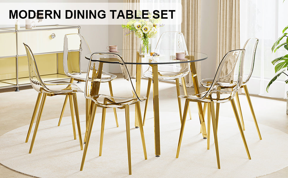 Table and chair set.Modern Luxurious Round Tempered Glass Dining Table Set-40*40 inch with 6 Transparent Plastic Dining Chair with Gold Metal Legs.Bring a comfortable home experience to the kitchen.