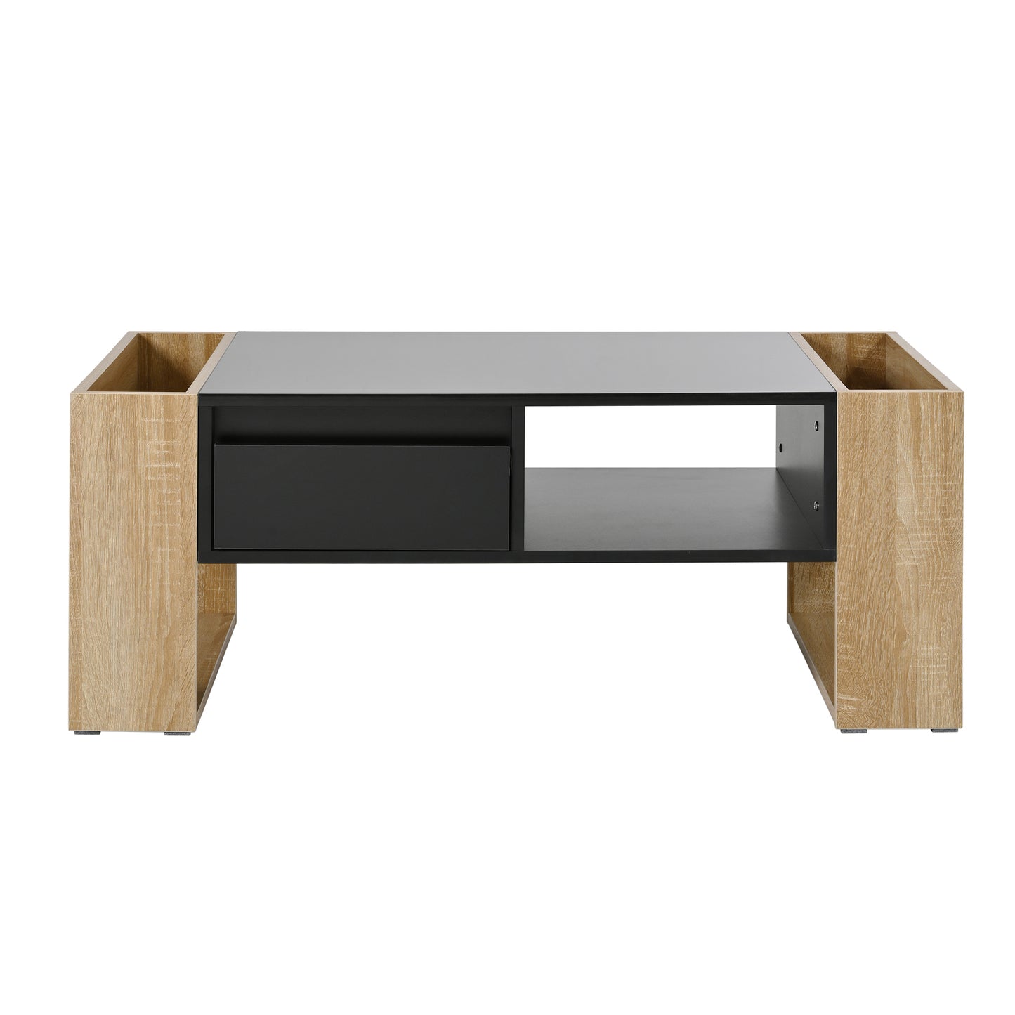 ON-TREND High Glossy Coffee Table with 2 Drawers, Practical Two Tone Center Table with Hidden Compartments, Rectangle Cocktail Table with Open Storage Shelf for Living Room, Bedroom, Black, 41.3*23.6"