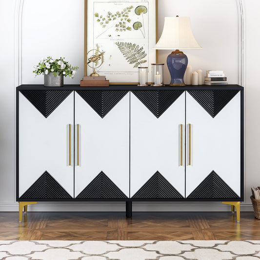 U_STYLE Unique Features of a Four-Door Cabinet with Two-Tone Triangular Pattern Doors, Suitable For Entryway, Hallway, Living Room