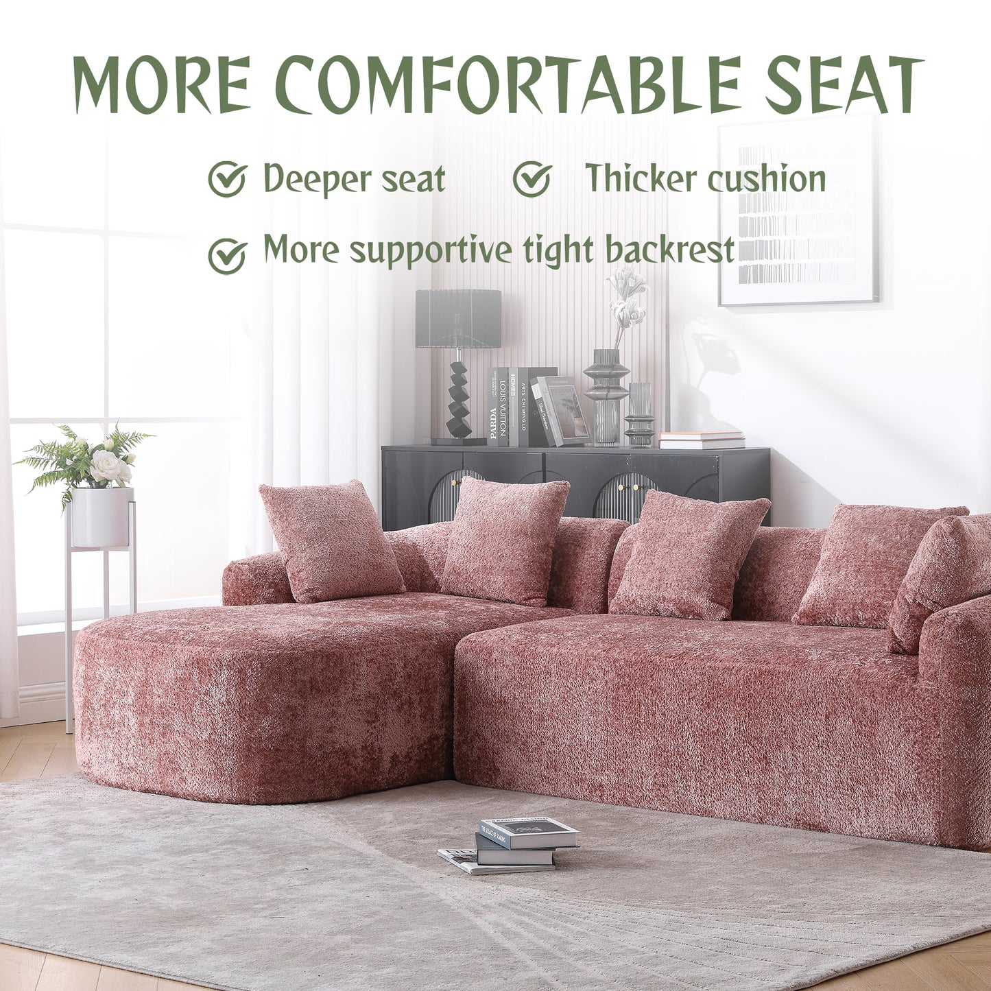 COOLMORE Boucle Sofa 3 Seater for Living Room Oversized Comfy Sofa L-Shape Sofa Couch with Chaise Home Furniture Sleeper Sectional Sofa for Apartment, Office Left Hand Facing (Pink)