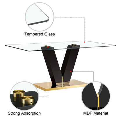 Table and chair set.Subtle Luxury Clear Tempered Glass Dining Set - 71"x35.4" with 6 Light Gray PU Chairs.C-tube Gold Metal Chair Legs.Bring a comfortable home experience to the kitchen, bedroom.