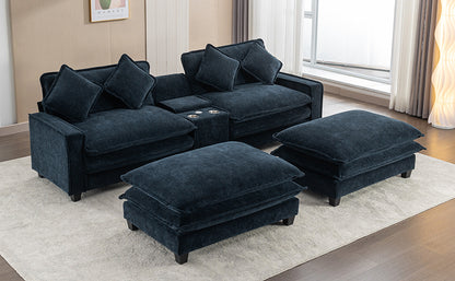 112.6" Sectional Sofa Chenille Upholstered Sofa with Two Removable Ottoman, Two USB Ports, Two Cup Holders and Large Storage Box for Living Room, Blue