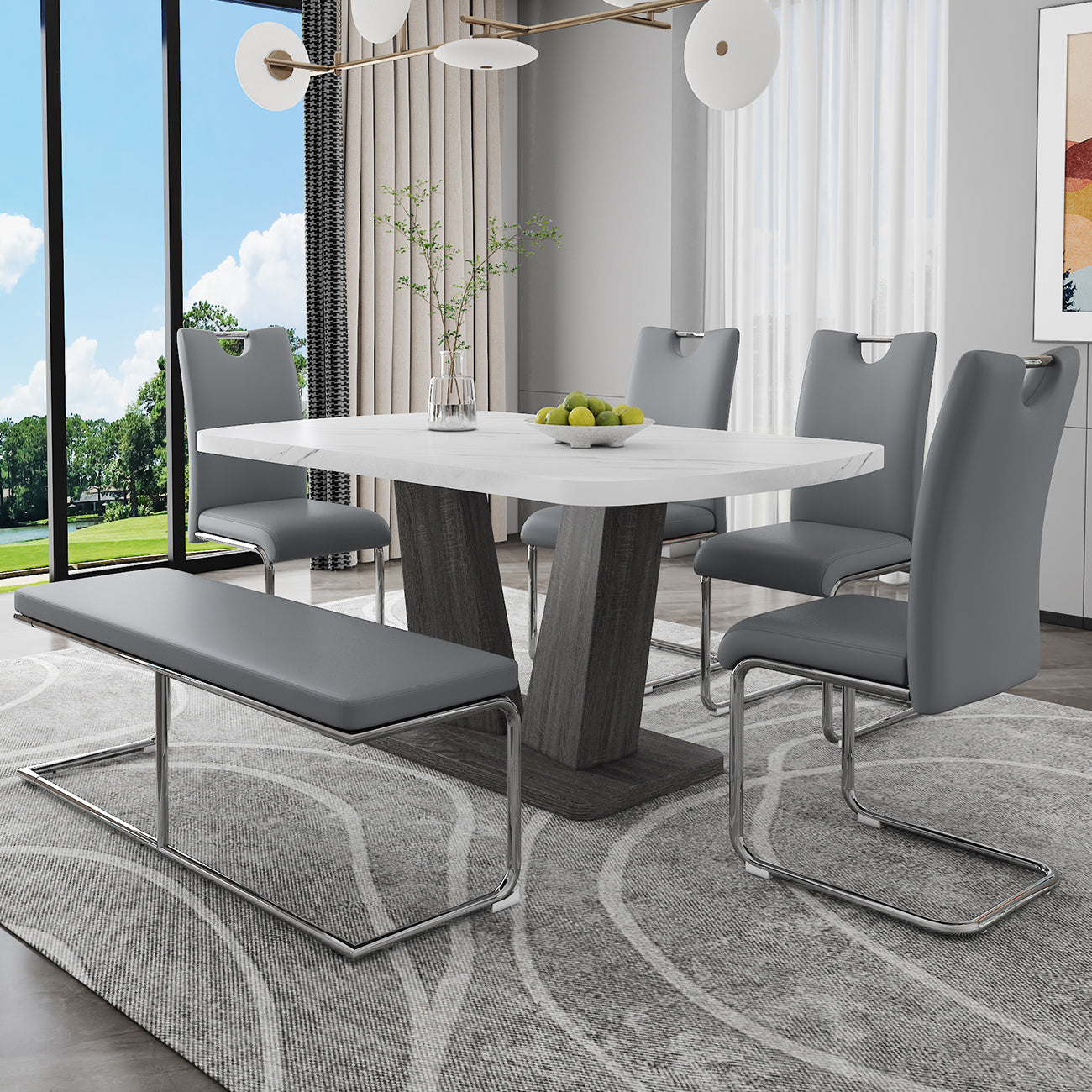 Dining Table Set for 6, 6 Piece Dining Table Set, Faux Marble Table Top and Modern Design MDF Base with 4 PU Leather Ergonomic Dining Chairs&1 Bench