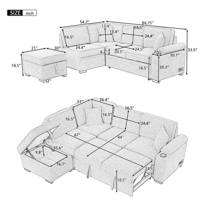 84.75" Sleeper Sofa Bed,2 in 1 Pull Out sofa bed L Shape Couch with Storage Ottoman for Living Room,Bedroom Couch and Small Apartment, Gray