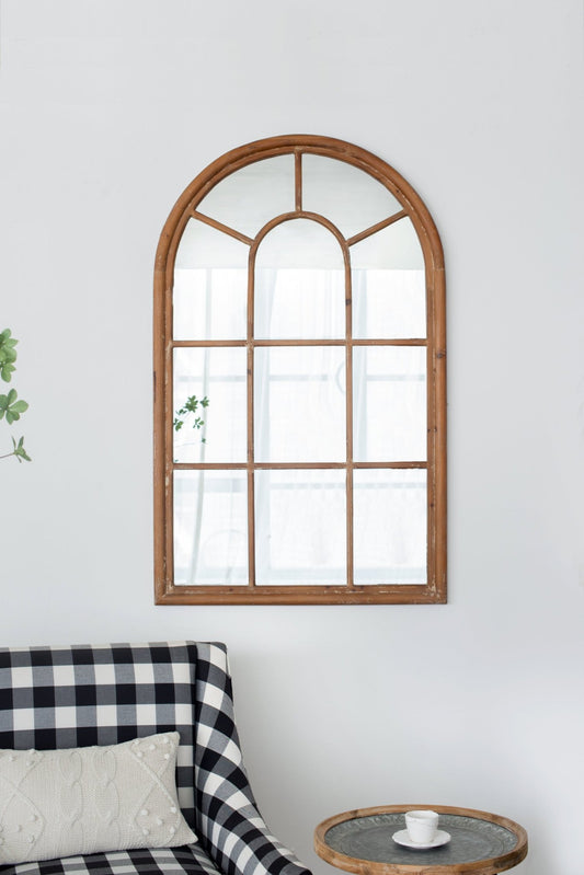 34x54.3" Large Arched Accent Mirror with Brown Frame with Decorative Window Look Classic Architecture Style Solid Fir Wood Interior Decor - Groovy Boardz