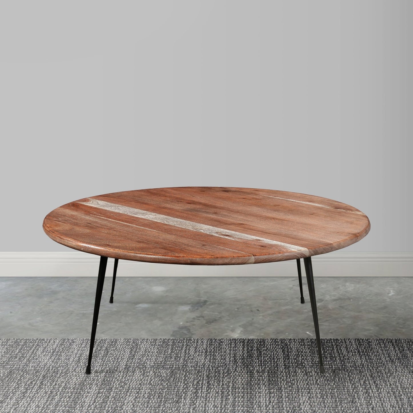 35 Inch Coffee Table, Round Sandblasted Brown Acacia Wood Top, Sleek Iron Legs - Groovy Boardz