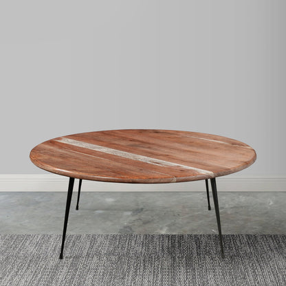 35 Inch Coffee Table, Round Sandblasted Brown Acacia Wood Top, Sleek Iron Legs - Groovy Boardz