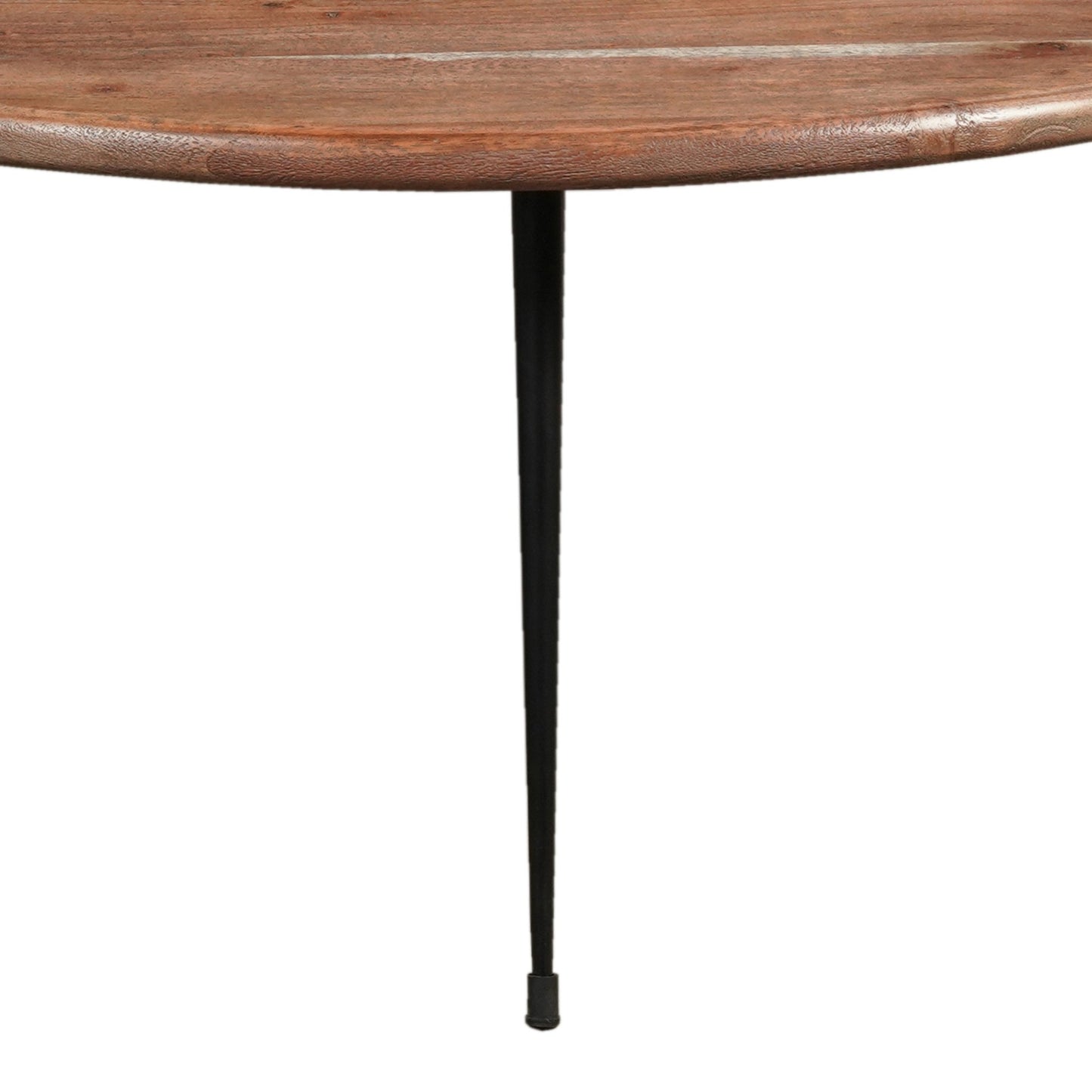 35 Inch Coffee Table, Round Sandblasted Brown Acacia Wood Top, Sleek Iron Legs - Groovy Boardz