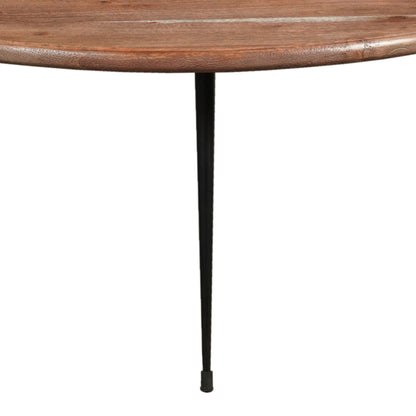 35 Inch Coffee Table, Round Sandblasted Brown Acacia Wood Top, Sleek Iron Legs - Groovy Boardz