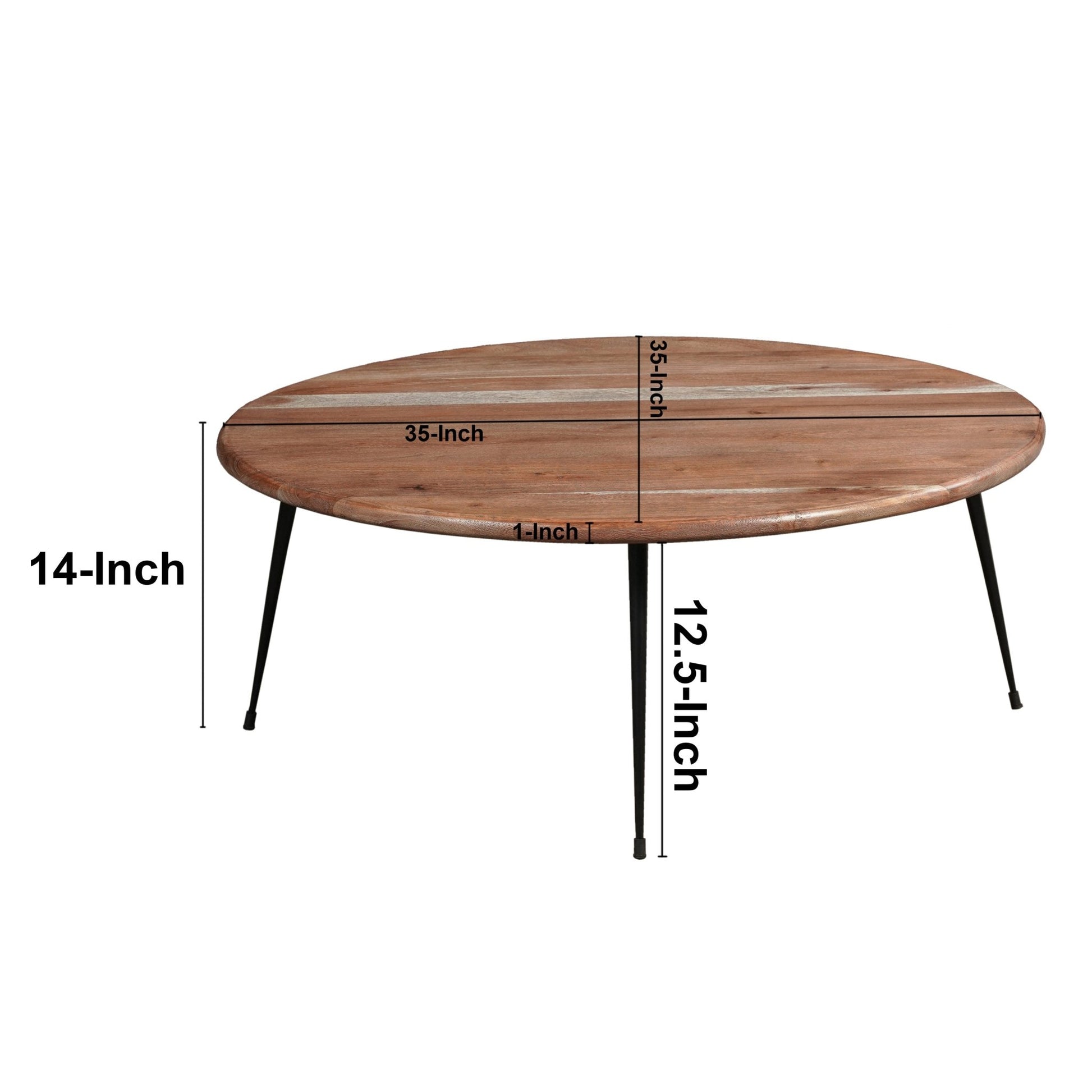 35 Inch Coffee Table, Round Sandblasted Brown Acacia Wood Top, Sleek Iron Legs - Groovy Boardz