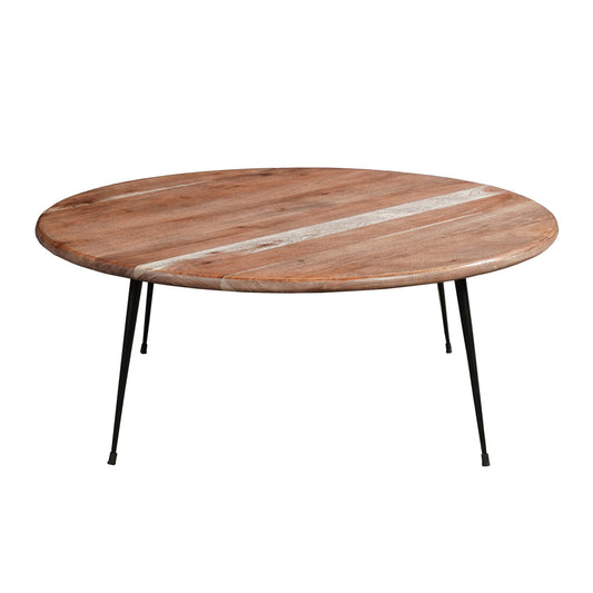 35 Inch Coffee Table, Round Sandblasted Brown Acacia Wood Top, Sleek Iron Legs - Groovy Boardz