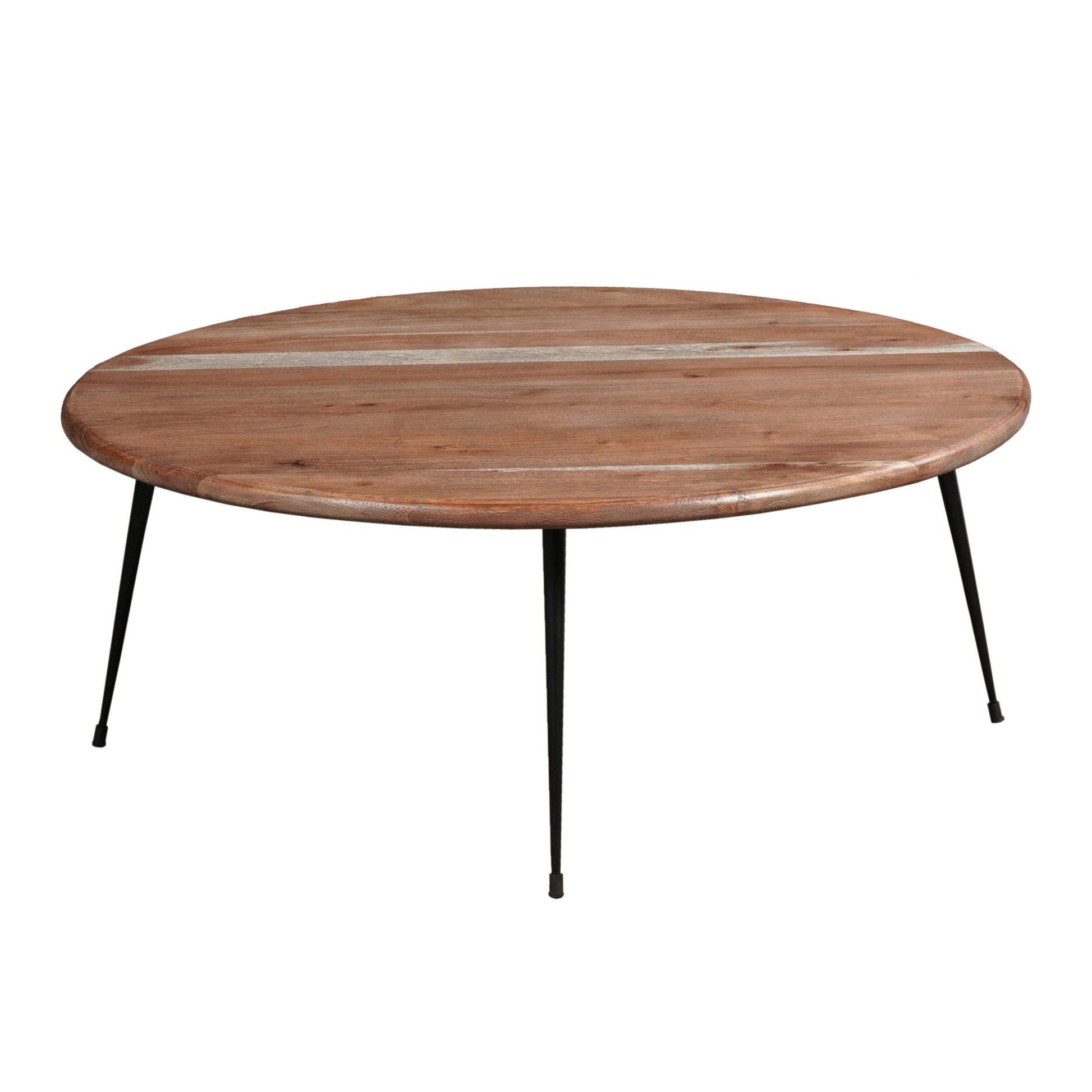 35 Inch Coffee Table, Round Sandblasted Brown Acacia Wood Top, Sleek Iron Legs - Groovy Boardz