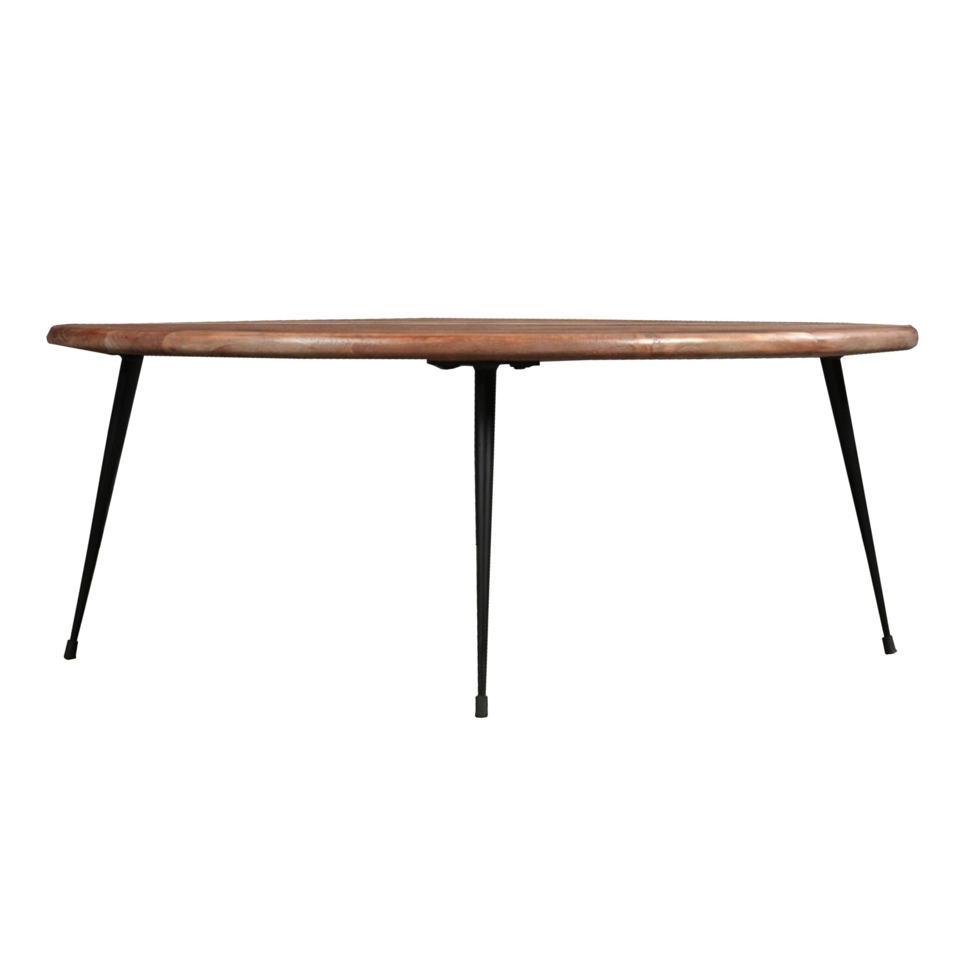 35 Inch Coffee Table, Round Sandblasted Brown Acacia Wood Top, Sleek Iron Legs - Groovy Boardz