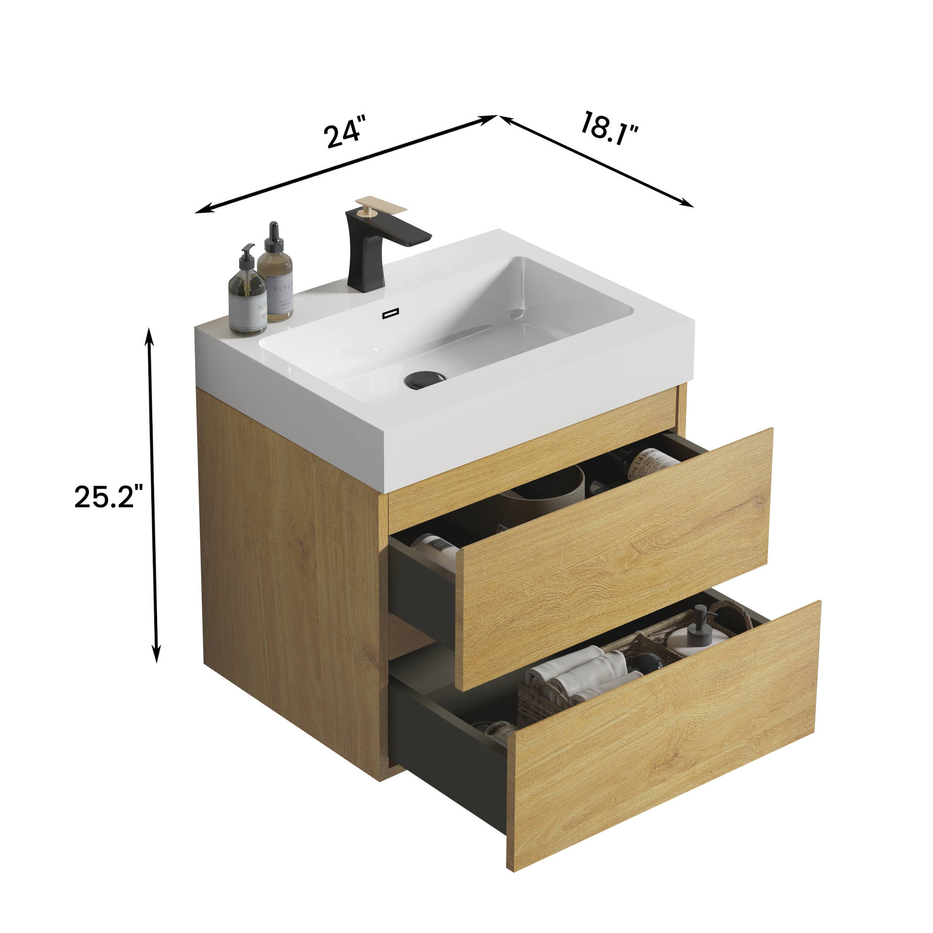 U040-Alice24-106 Alice 24" Natural Oak Bathroom Vanity with Sink, Large Storage Wall Mounted Floating Bathroom Vanity for Modern Bathroom, One-Piece Glossy White Sink Basin without Drain and Fauce