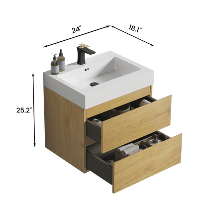 U040-Alice24-106 Alice 24" Natural Oak Bathroom Vanity with Sink, Large Storage Wall Mounted Floating Bathroom Vanity for Modern Bathroom, One-Piece Glossy White Sink Basin without Drain and Fauce