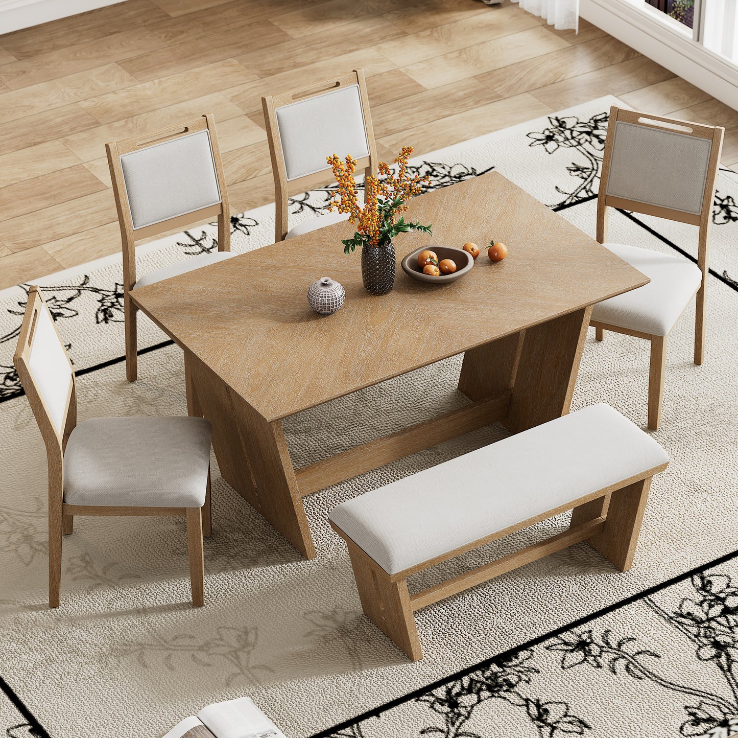 TREXM 6-Piece Modern Retro Dining Set, 1 Rectangular Table with Stable Trapezoidal Table Base and 4 Upholstered Chairs and 1 Bench for Dining Room and Kitchen (Natural Wood Wash)